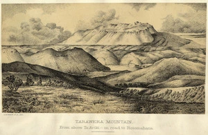 Kinder, John, 1819-1890 :Tarawera Mountain. From above Te Ariki - On road to Rotomahana. J Kinder D. D. del. 1864. J. McKean [del]