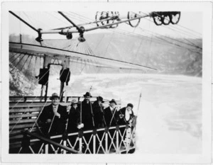 Group including opera singer Rosina Buckman, in an aerial cable tram