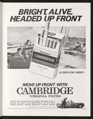 [Rothmans Tobacco Company Limited]: Bright, alive, headed up front. Rothmans Cambridge filter tipped 20. Move up front with Cambridge Virginia filter [John Rowles Show programme 1968, Page [5]
