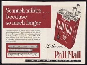 Rothmans of Pall Mall: So much milder ... because so much longer. Rothmans Pall Mall, biggest selling king size in New Zealand [Pages 8-9, centre spread]
