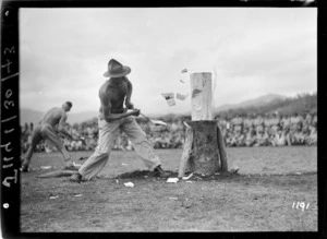 Soldier taking part in a wood chopping competition in New Caledonia during World War 2