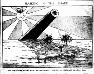 Gilmour, John Henry, 1892-1951 :Basking in the shade. The Singapore Naval Base was officially opened on February 14 - news item. New Zealand Truth, 16 February 1938 (page 12).