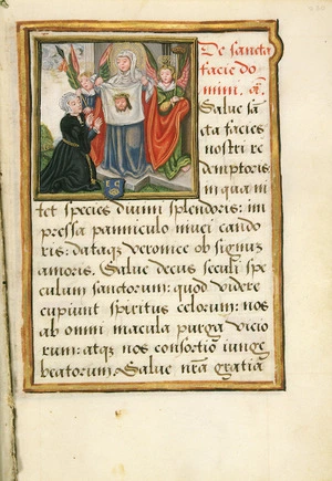 Patron kneels before St Veronica with the Sudarium