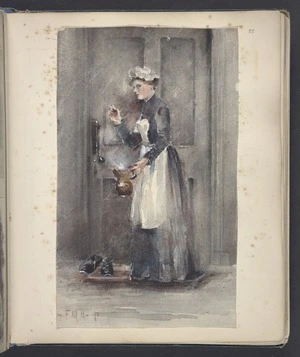 Hodgkins, Frances Mary, 1869-1947 :[Maid with hot water jug knocking on bedroom door. 18]91.