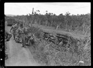 Three ton military truck after an accident near Moindah, New Caledonia, during World War II