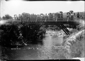 Children diving for pennies from the bridge at Whakarewarewa