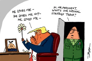 [American general asks President Trump for today's strategy while Trump plays "he loves me…he loves me not" with a flower for Kim Jong-Un]