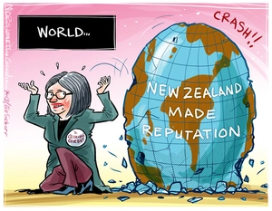 [World - Denise L'Estrange-Corbet as Atlas dropping a globe labelled "New Zealand Made reputation" from her shoulders]