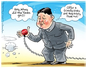 [the "Yanks" run from Jim Jong Un's handshake as he holds the red "Launch" button]
