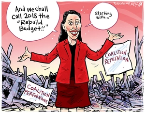 [Jacinda Ardern announces the 2018 "Rebuild Budget" amidst the rubble of "Coalition performance" and "Coalition reputation"