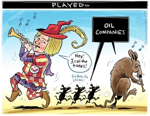 [Played - Energry Minister Megan Woods as the Pied Piper trying to "call the tune" as the "Oil Companies" rats play "Follow the leader" in the opposite direction]