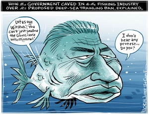 [Winston Peters as a big fish swallowing Greens protest over failure to support a deep sea trawling ban]