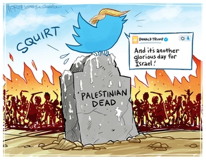 [President Trump "tweets" on a gravestone for "Palestinian Dead"]