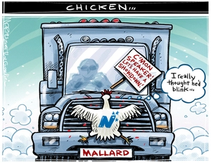 [The "Mallard" truck drives into the National Opposition chicken who challenged the speaker to a showdown]
