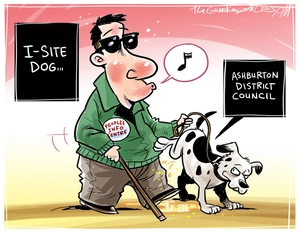 [I-Site dog - Ashburton District Council as a dog urinating on "People's Info Centre" blind man]