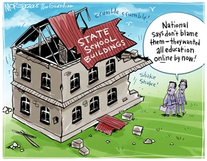 [State School buildings crumble as two people comment "National says don't blame them.."]