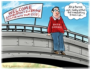 ["Ratepayers" man stands on financial edge of the Ashburton second bridge]