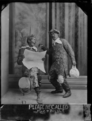 Unidentified men dressed as clowns, labeled "Please I've called, Mac and Bright"