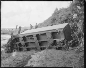 Railway carriage on the bank of the Whangaehu Stream at the scene of the railway disaster at Tangiwai