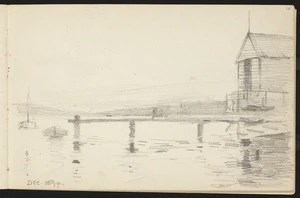 Hill, Mabel 1872-1956 :[Boatshed and wharf, Wellington Harbour?] Dec. 1894