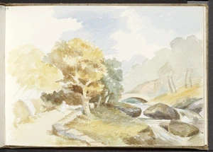 Hill, Mabel 1872-1956 :[Path by a stream leading to an arched stone bridge. 1890?]