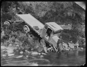 Thornycroft five ton Q model truck, after an accident near Waikaia, Southland