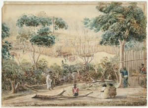 Bridge, Cyprian, 1807-1885 :View of the pah at Ruapekapeka from the lower stockade at the time it was entered and captured by the allied force of friendly natives and troops, under Lt Colonel Despard, 11th Jany, 1846