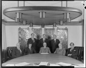 Portrait of New Zealand National Airways Corporation Board of Directors in boardroom