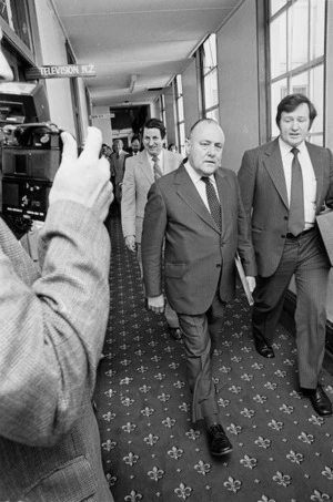 Prime Minister Robert Muldoon, Jim Bolger, and Bill Birch, at Parliament - Photograph taken by Ian Mackley.