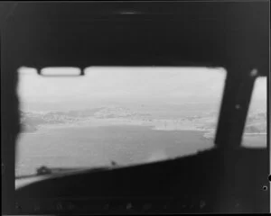 View of Wellington airport from cockpit of plane