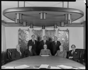 Portrait of New Zealand National Airways Corporation Board of Directors in boardroom