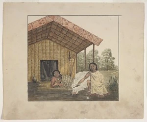 Wynyard, Robert Henry (Sir), 1802-1864: [Māori figures outside meeting house]