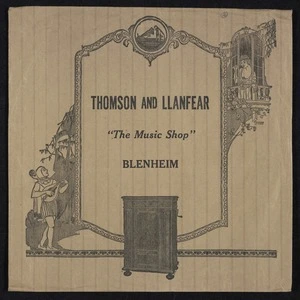 Thomson and Llanfear, "The Music Shop", Blenheim. U.S. Pat. 1668372, Cohoes Envelope Co., Inc, Cohoes, N.Y. [Record bag. 1920s]
