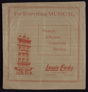 Lewis Eady Ltd.: For everything musical; prompt, efficient, courteous service. Latest His Master's Voice, Zonophone, Columbia and Regal Records; hear the mighty Majestic radio [Record sleeve. ca 1930]