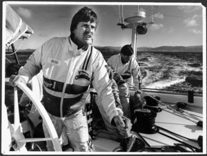 Peter Blake at the wheel of the racing yacht Steinlager 1 - Photograph taken by William West.