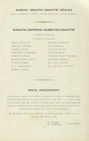 Rangiatea Centennial Celebration souvenir. Page 5 [listing the celebration committee members]. March 1950.