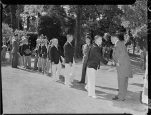 New Zealand athletes for 1950 British Empire Games meeting dignitaries, Government House, Auckland