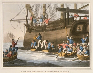 Clark, John Heaviside, ca 1771-1863 :A whale brought alongside a ship; sailors cutting out the blubber / J. H. Clark del; Dubourg sculp. London, H. R. Young, 1814.