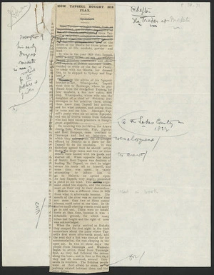 Page with newspaper cutting and annotations