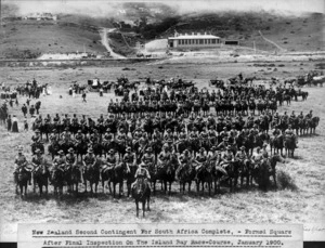 Members of the New Zealand Second Contingent for the South African War at the racecourse in Island Bay, Wellington