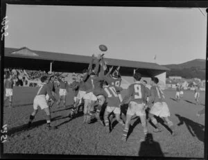 Auckland versus Victoria in a university rugby match at Athletic Park, Wellington