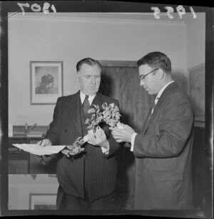 Prime Minister Sidney Holland with Mr Norvell Gillespie [California horticulturist]