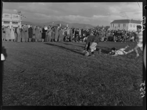 T Katene, Petone, scoring against St Patrick's Old Boys in a rugby game