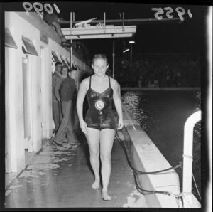 Woman diving competitor at Riddiford Baths, Lower Hutt