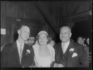 Dr Ronald Milburn and his wife on their wedding day with the American Ambassador Mr Robert Hendrickson