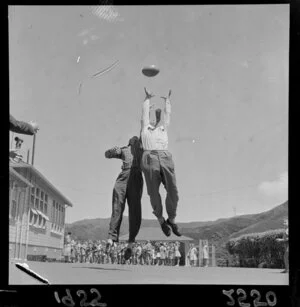 Australian tennis player, Ken McGregor (right), and Wellington rugby union football player, Neven MacEwan, at Wadestown School, Wellington