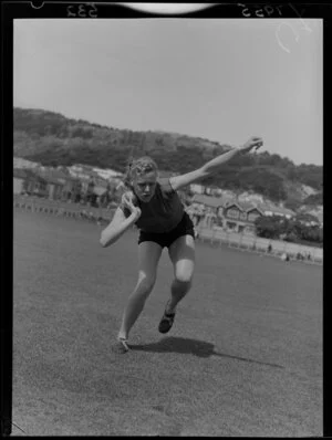 Unidentified competitor in the women's shot-put, Wellington Canterbury Athletics, Basin Reserve, Wellington