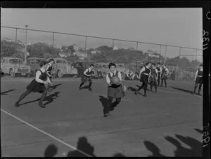Basketball courts, Pauline Seagar (Wellington Technical College), in action against St Mary's, Hataitai, Wellington