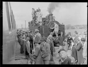 Fell engine and more modern train at the opening of the Rimutaka Railway Tunnel