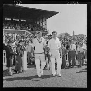 Marylebone Cricket Club opening batsmen T W Graveney and R T Simpson walking out on to the pitch at the Basin Reserve on the first day of the match against Wellington